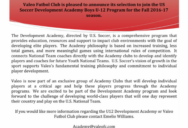 Valeo F.C. Selected to Join U.S. Soccer Development Academy