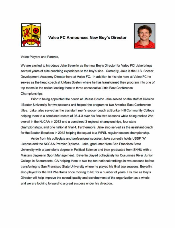Valeo FC Announces New Boy's Director!